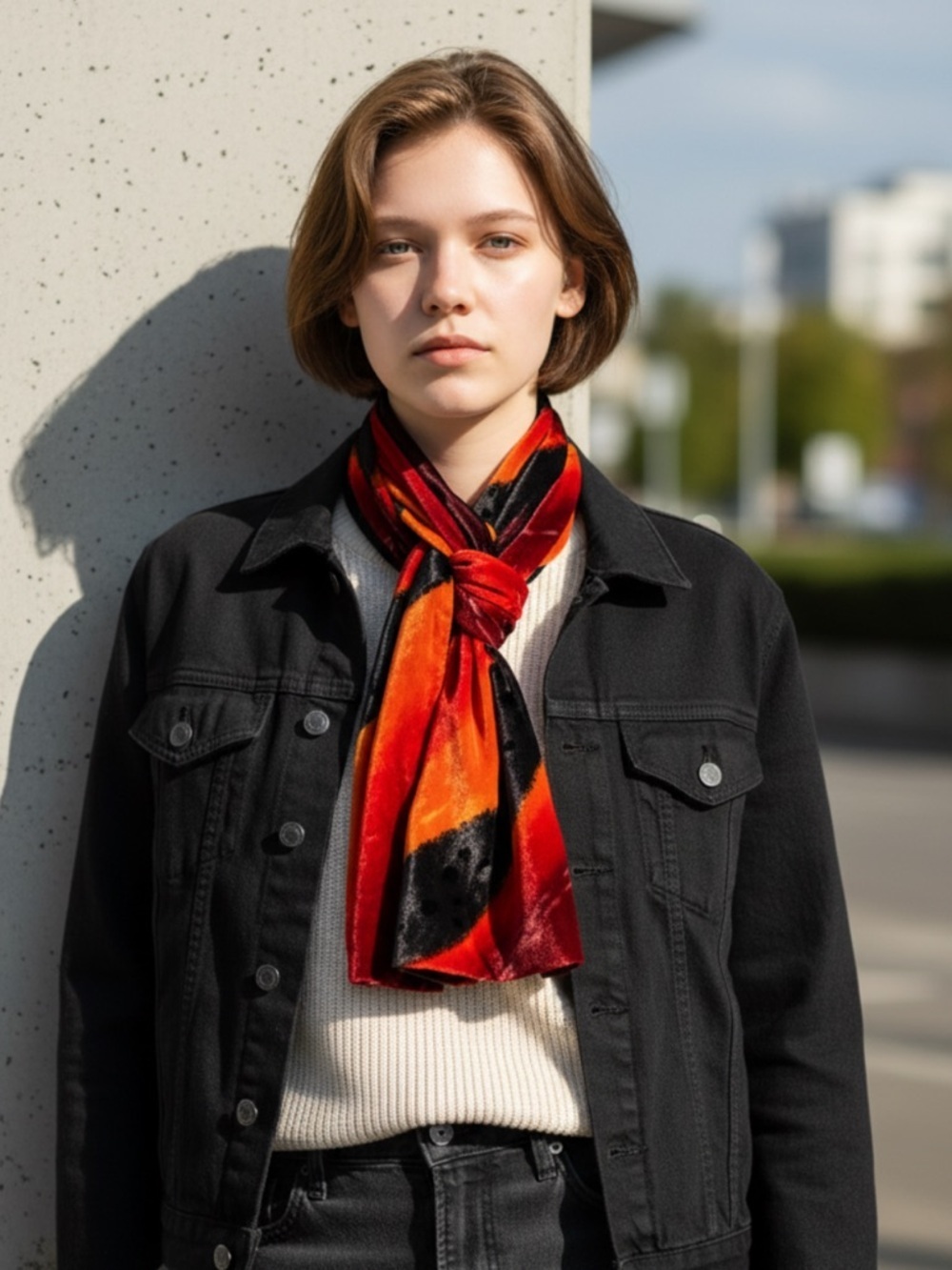 Saipet Burnout Velvet Scarf Sheer Silk Blend Red Orange Black Flocked Polka Dot